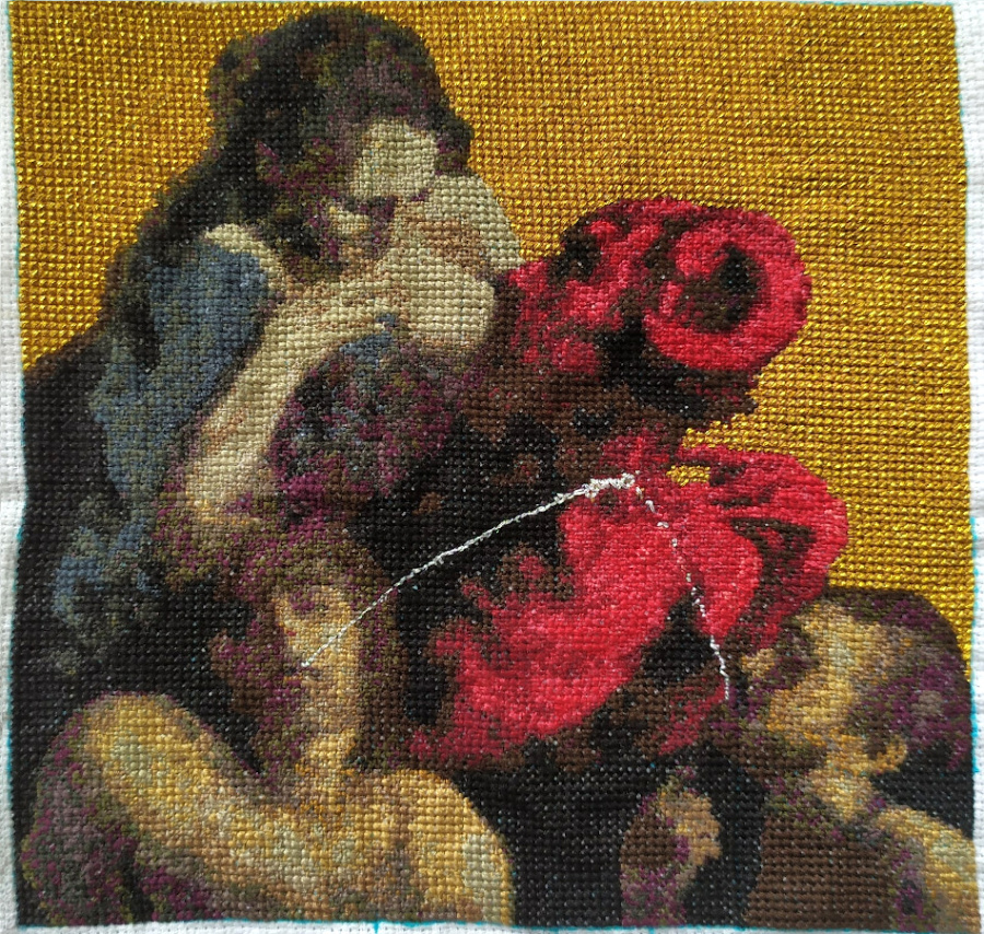 Complete Red demon in the company of a woman and two men cross-stitching design