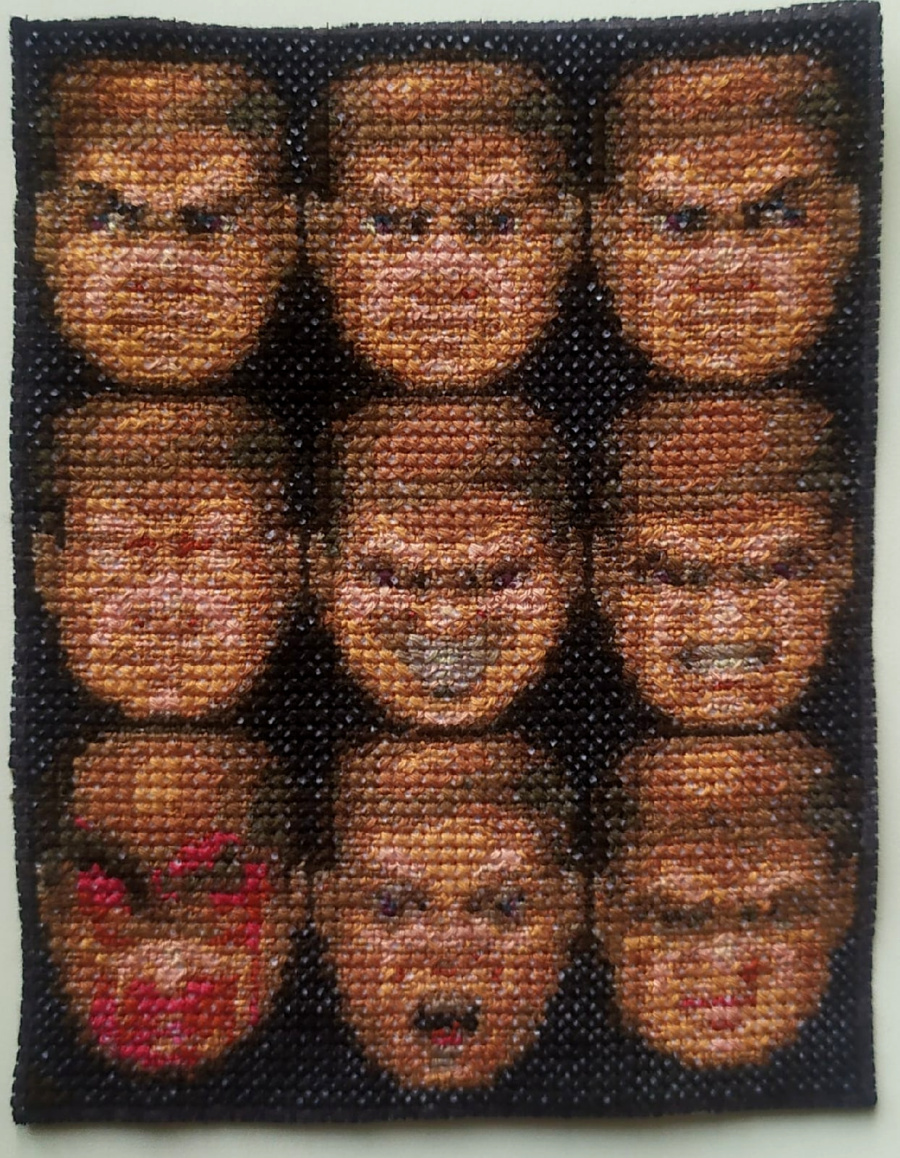 Complete Smileys of a main character of Doom computer game cross-stitching design