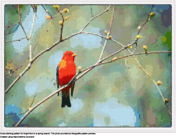 Free Bright bird on a spring branch cross-stitching design