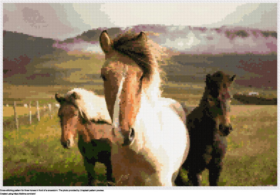 Free Three horses in front of a snowstorm cross-stitching design