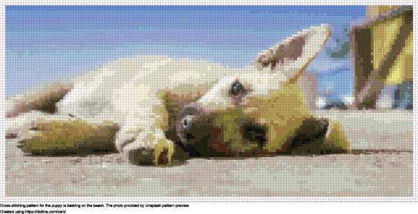 Free The puppy is basking on the beach cross-stitching design