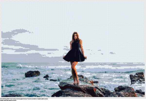 Free Girl posing on stones against the sea cross-stitching design
