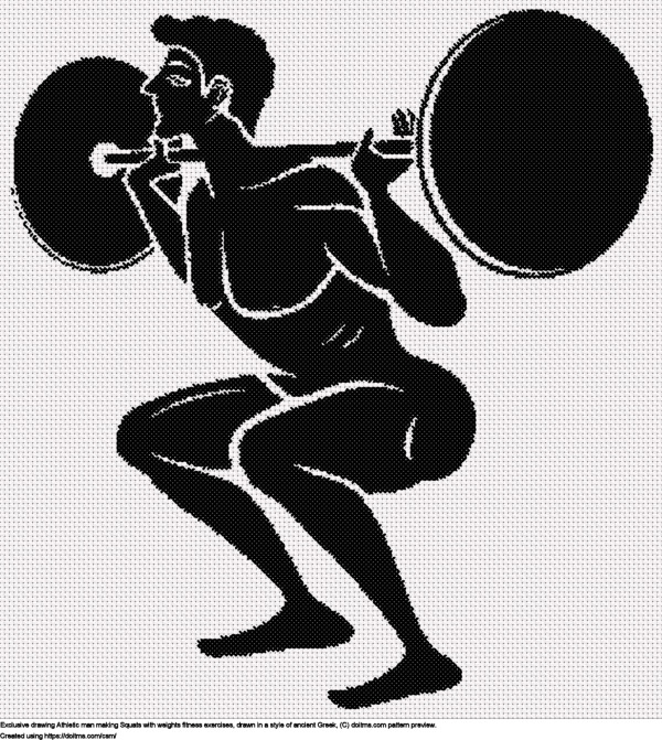 Free Squats with weights in ancient Greek style cross-stitching design