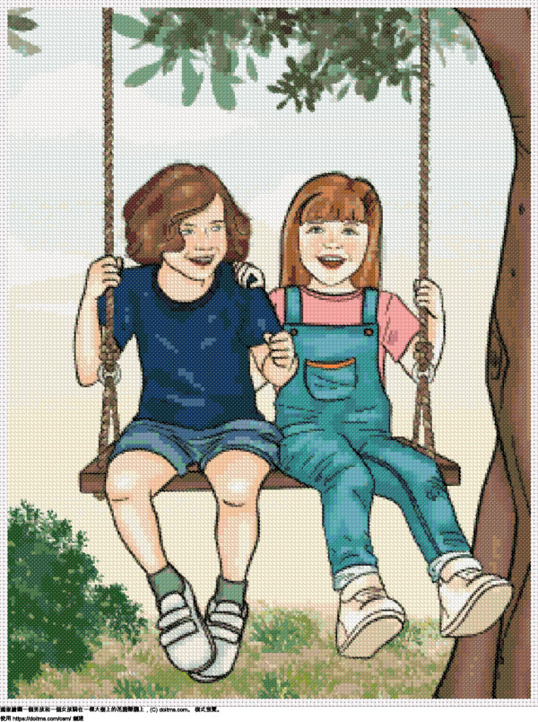 免費 鞦韆上的男孩和女孩放大 十字縫設計