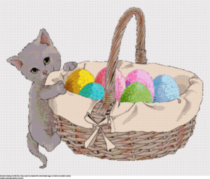Free Kitty-cat getting into Easter egg basket cross-stitching design
