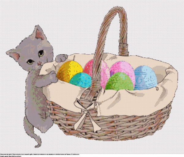 Diseño de punto de cruz Kitty-cat metiéndose en la canasta de huevos de Pascua gratis