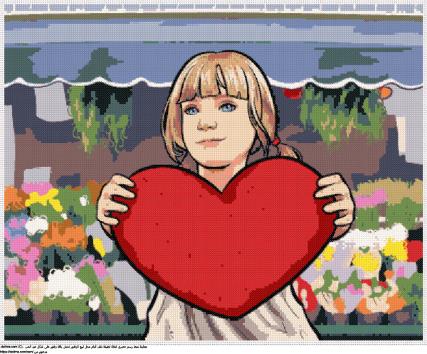  فتاة صغيرة تحمل قلب عيد الحب في محل لبيع الزهور تصميم تطريز مجاني 