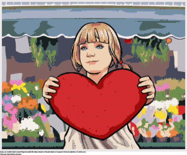 Motif de point de croix Petite fille tenant un coeur de la Saint-Valentin dans un magasin de fleurs gratuit