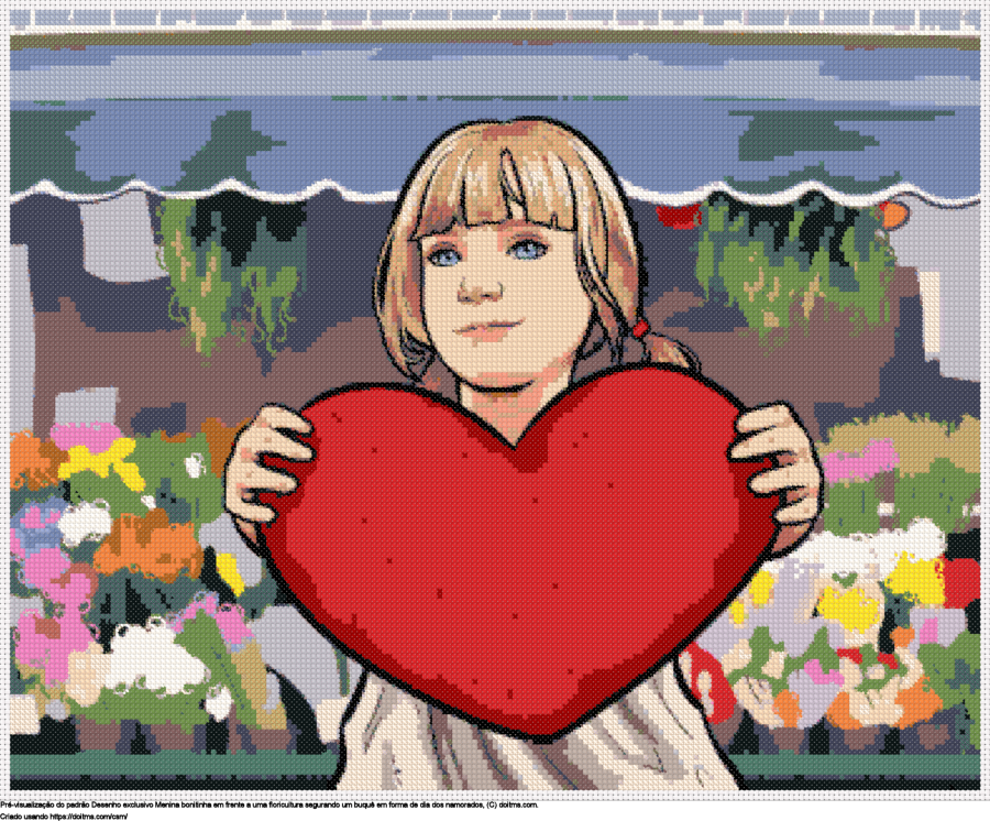 Desenhos Menina segurando um coração de dia dos namorados em uma loja de flores de ponto-cruz gratuitos