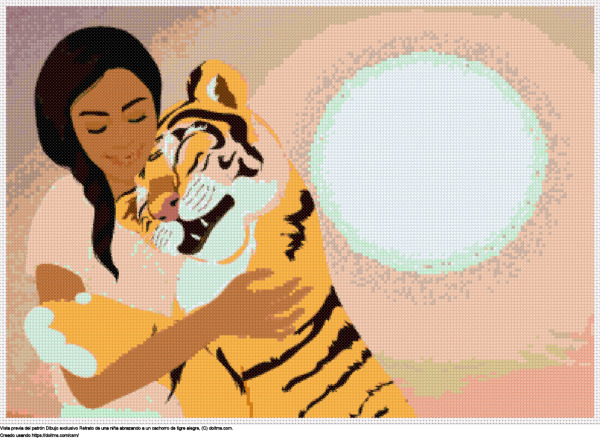 Diseño de punto de cruz Retrato de una niña abrazando a un tigre alegre gratis