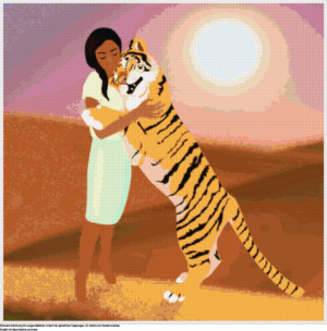 FreieMädchen, das einen glücklichen Tiger umarmt Kreuzstich-Design