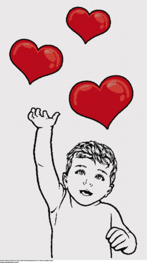 Free Kid catching flying hearts cross-stitching design