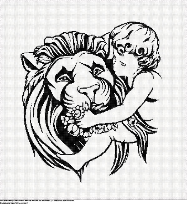 Free Drawing Child feeding a lion cross-stitching design