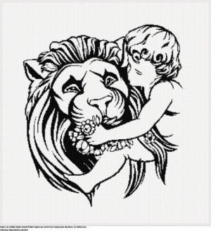 Motif de point de croix Dessin Enfant nourrissant un lion gratuit