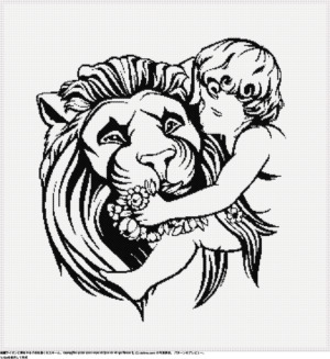 無料のライオンに餌をやる子供を描くクロスステッチデザイン