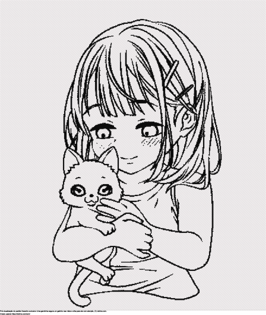 Desenhos Menina abraçando um gatinho de ponto-cruz gratuitos