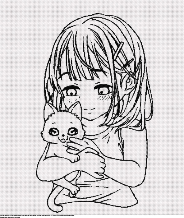 Gratis Liten flicka kramar en kattunge korsstygnsdesign