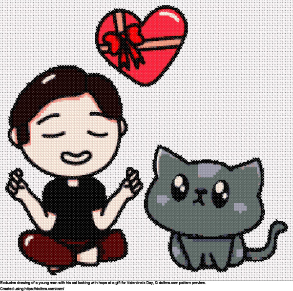Free Young man and a cat hope for valentine cross-stitching design