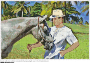 Motif de point de croix Un homme portant un chapeau tient un cheval gratuit
