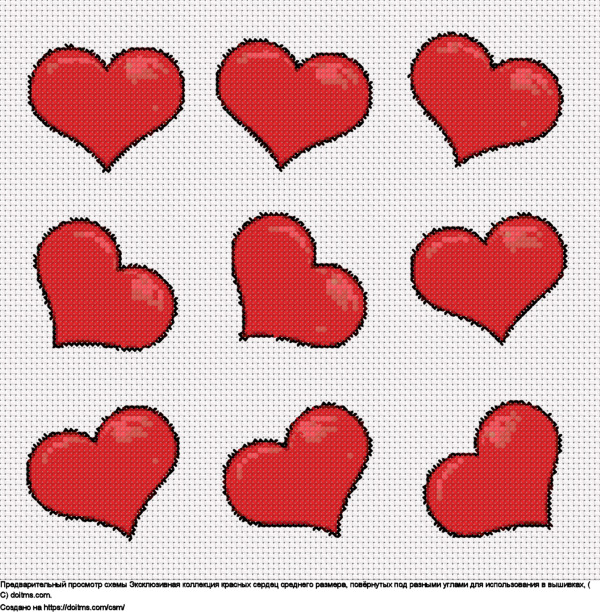 Бесплатная схема Коллекция средних красных сердец для вышивания крестиком