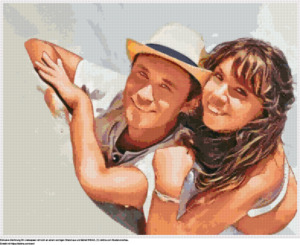 FreieLächelndes Paar, das sich an einem Strand ausruht Kreuzstich-Design