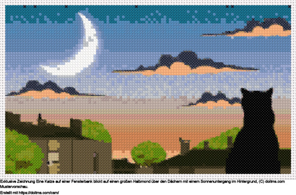 FreieSonnenuntergang mit Dächern und großem Mond Kreuzstich-Design