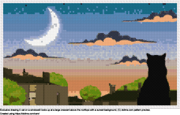 Free Sunset with rooftops and large moon cross-stitching design