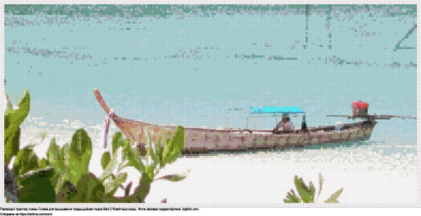 Бясплатная схема Традыцыйная лодка Балі ў блакітным моры для вышыўкі крыжыкам